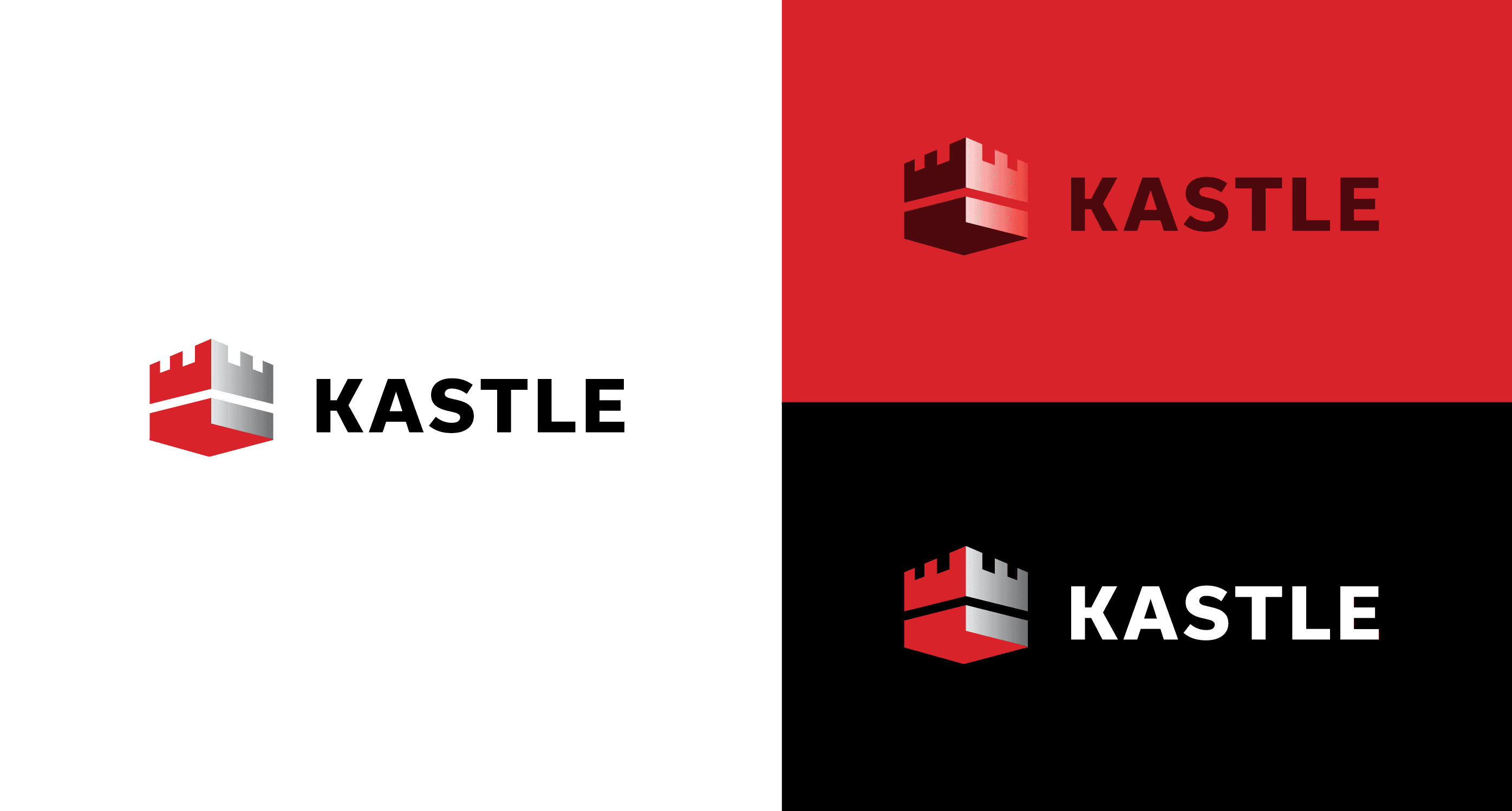 Redesigned Kastle logo system showing three variants: light mode on white, brand mode on red, and dark mode on black — each featuring an updated 3D castle icon mark